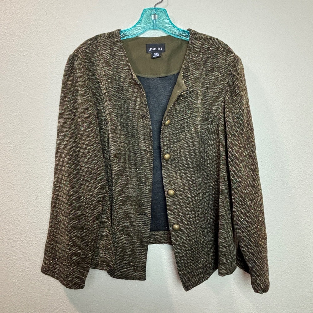 Leslie Fay Blazer Women 16WP Green Metallic Tweed Button Front Jacket Academia - Picture 5 of 13